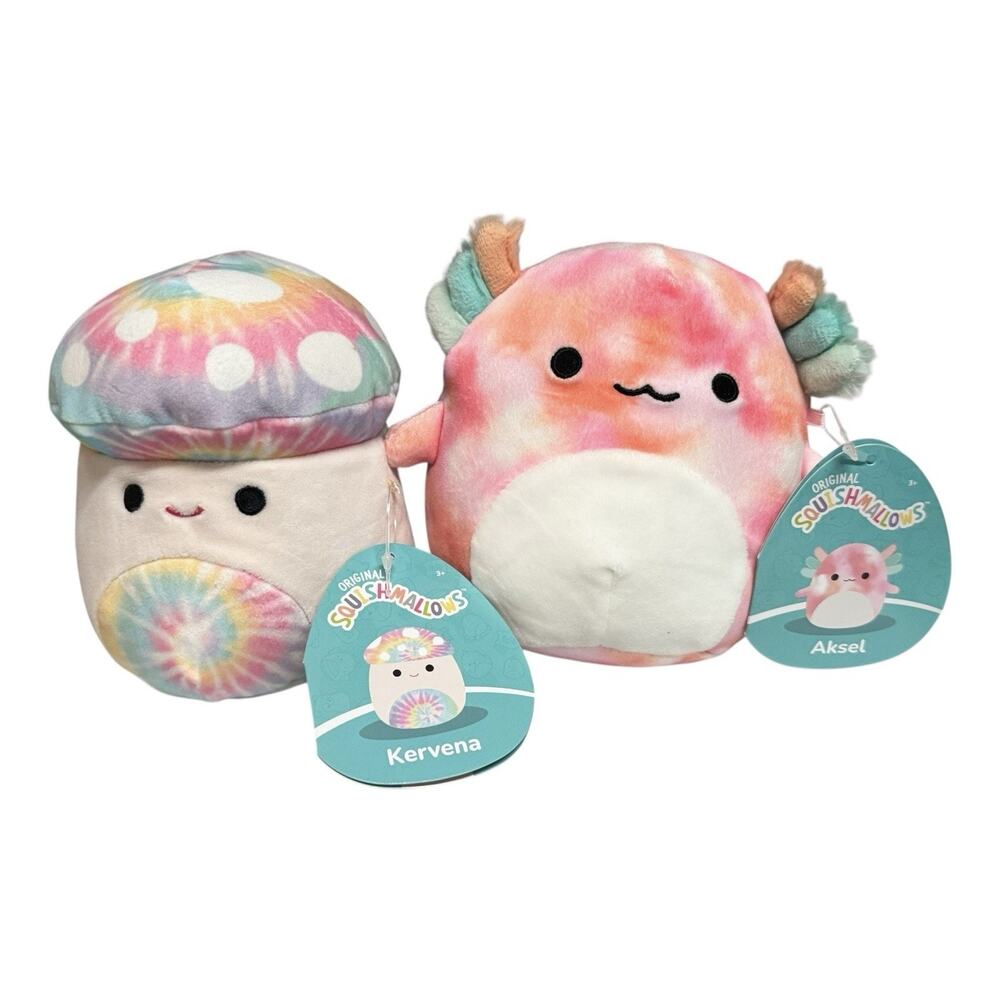Squishmallows 5" Lot Of 2 Tie-Dye Kervena Mushroom Aksel Axolotl Stuffie NEW